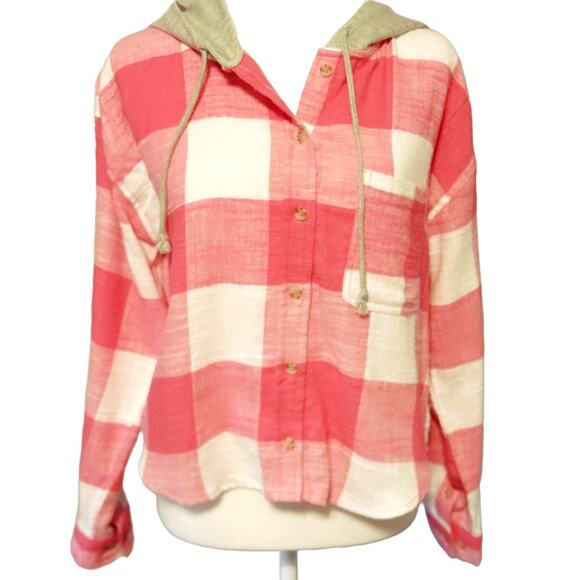 Ultra Flirt Tops - Ultra Flirt Flannel Shirt Size Medium Pink & White Check Cropped Jersey Hood